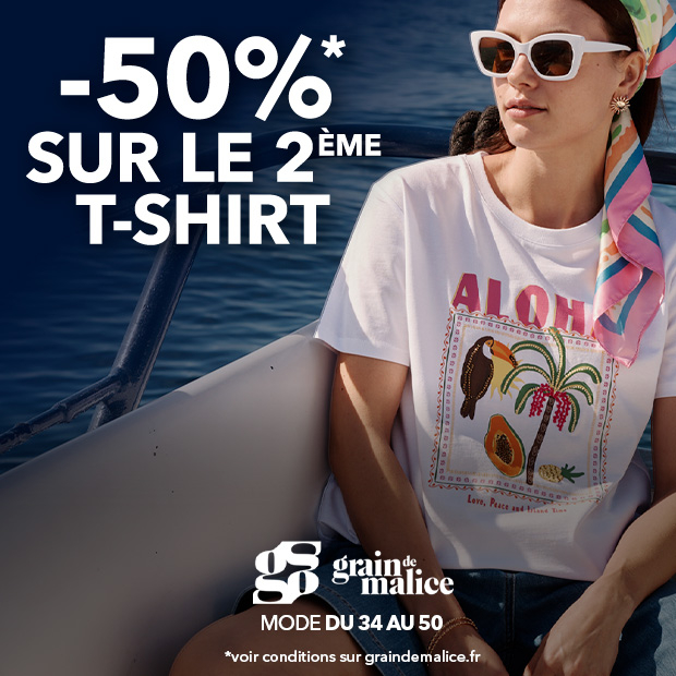 Chez Grain de Malice : -50% sur le 2ème tshirt jusqu'au 8 juin 2026